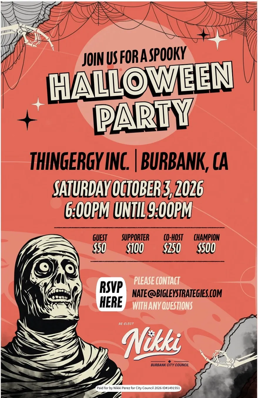 Spooky Halloween Party fundraiser for Nikki Perez, Saturday October 3, 2026, hosted by Thingergy Inc. in Burbank.